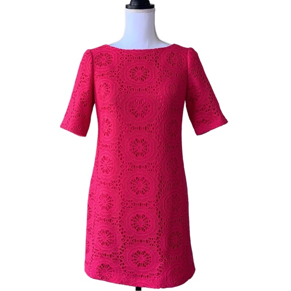 ADRIANNA PAPELL HOT PINK MEDALLION LACE CUTOUT SHIFT DRESS - Picture 8 of 16